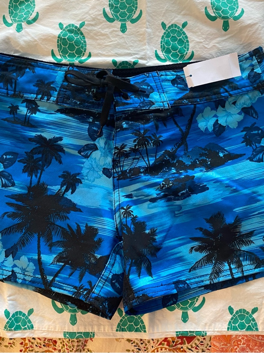 burnside Blue & Black Tropical Palm Bike Shorts. Fire island screen. Size S.